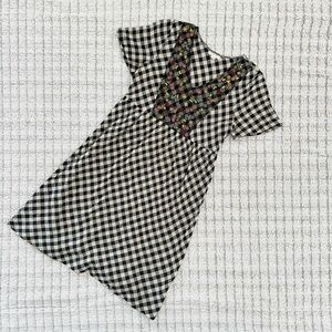 Roolee Black and White Checkered Dress with Floral Embroidery